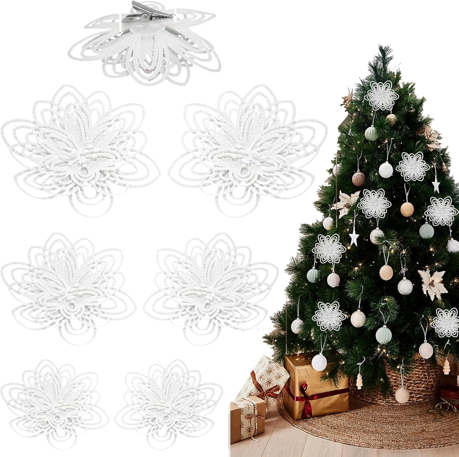 Srv Hub White 6X Glitter Poinsettia Christmas Tree Decorations – Artificial Flowers With Clips For Xmas Tree, Wreath, Garland & Home Décor – Sparkling Christmas Ornaments For Holiday Decoration
