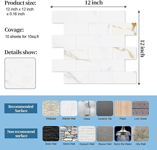 Vista 107 de Paquete de 1 lámina de revestimiento autoadhesivo de 12 x 12 pulgadas, baldosa de pared de PVC para cocina, baño, chimenea, mesa de lavandería o gris