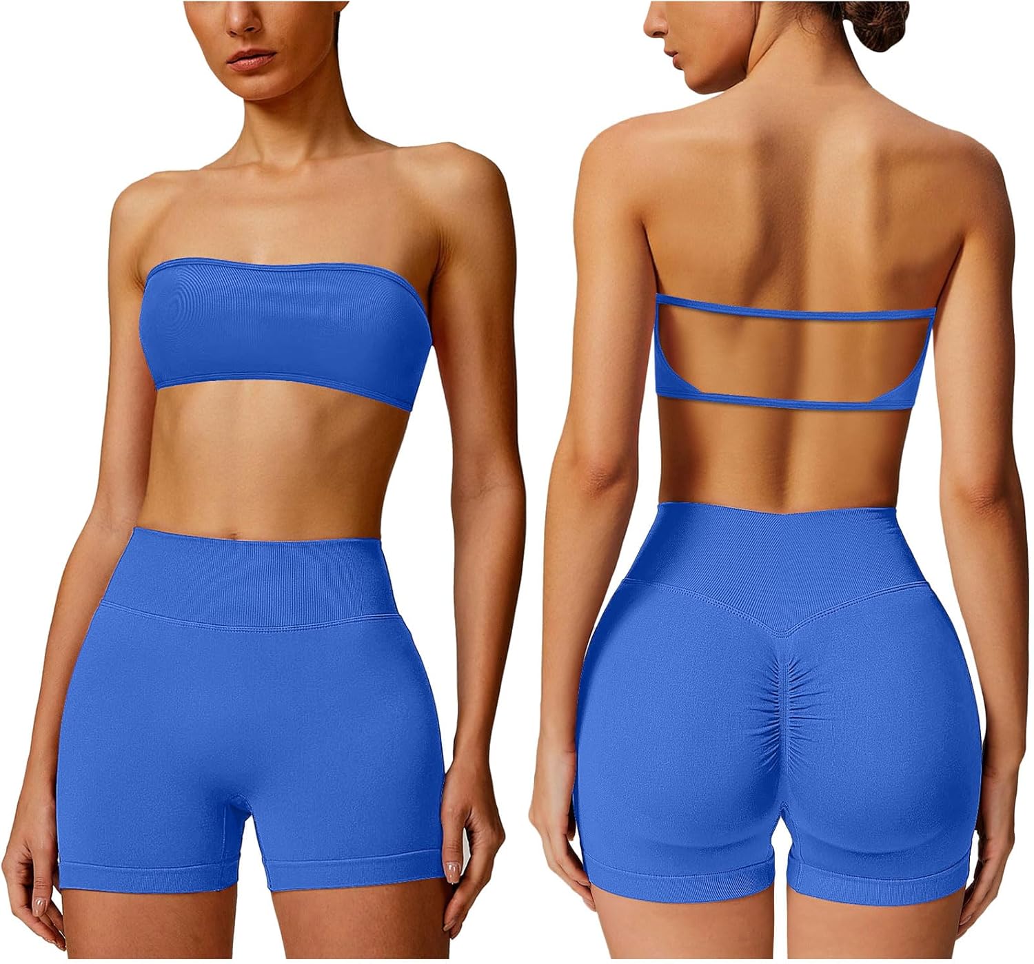 ABOCIW Workout Sets for Women Backless Bandeau Sports Bra Seamless Scunch Butt Lifting High Waist Biker Shorts Gym Set