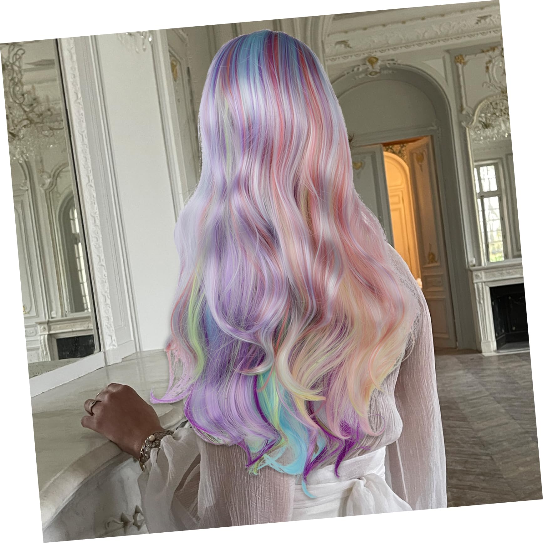 BESTYASH Regenbogen Perücke Regenbogen-cosplay-perücke Wellige n Halloween-kostüm Braune n Für Damen Aus Echthaar Lockig, Wellig Neon Mit