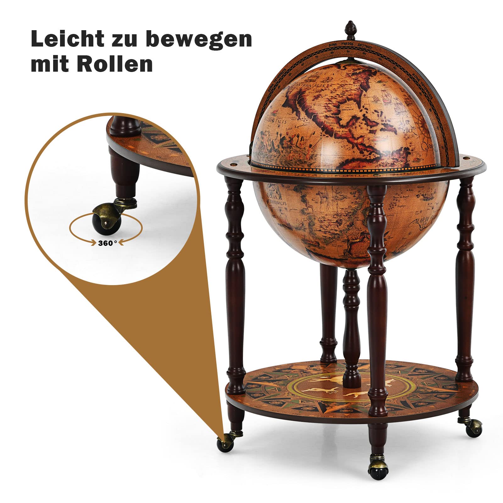 COSTWAY Globusbar Barschrank, Barwagen mit Rollen & Deckel, Hausbar Servicewagen Weltkugel,  Globus Weinregal Weinschrank für Flaschen, Tischbar Minibar für Küche Wohnzimmer Esszimmer