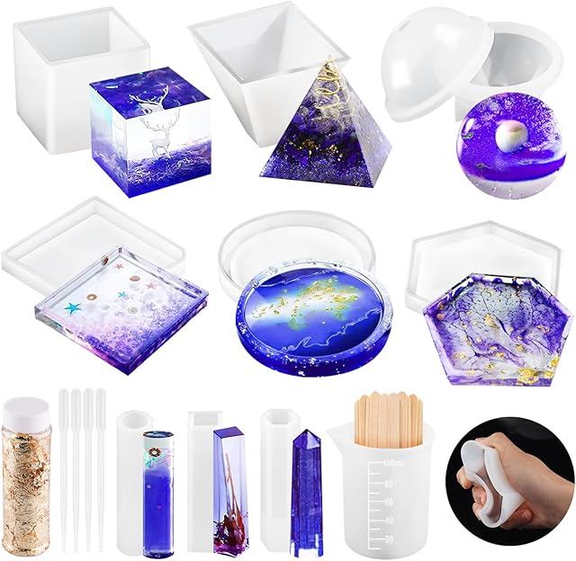OSELEE Resin Moulds Silicone, 21Pcs DIY Epoxy Resin Moulds Kit, Resin Kits for Beginners Making Jewelry/Candle/Soap, Include Coaster, Ashtray, Cube, Pyramid, Spherical, Pendant Mold, etc