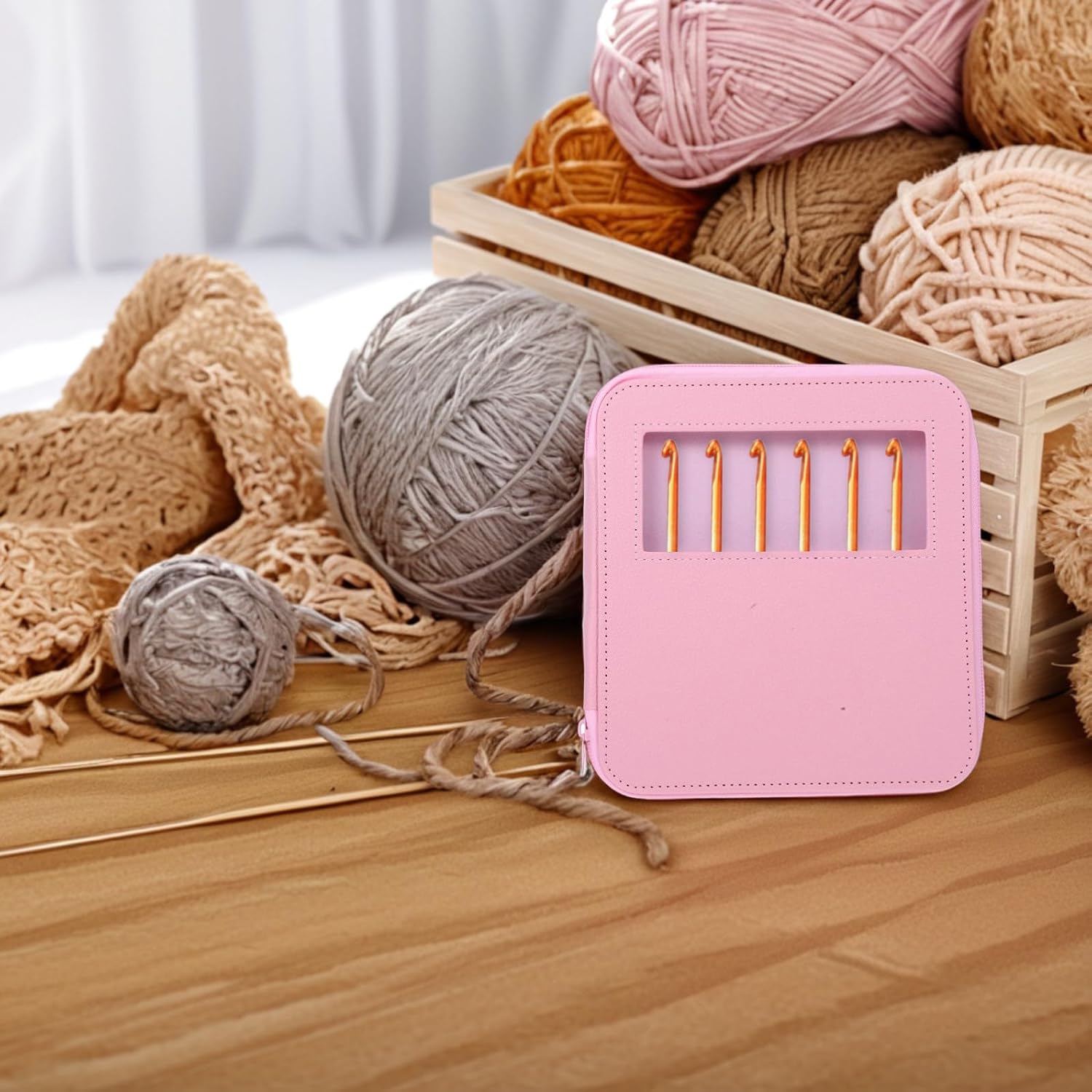 YARNOW Pu Leather Crochet Hook Storage Bag, Portable Crochet Organizer Case with Yarn Holder, Multi-Functional Knitting Accessories Travel Pouch for DIY Craft Projects