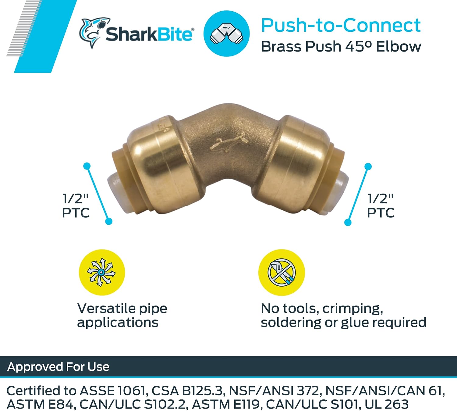 SharkBite 1/2 Inch 45 Degree Elbow, Push to Connect Brass Fitting, PEX Pipe, Copper, CPVC, PE-RT, HDPE, U648LFA