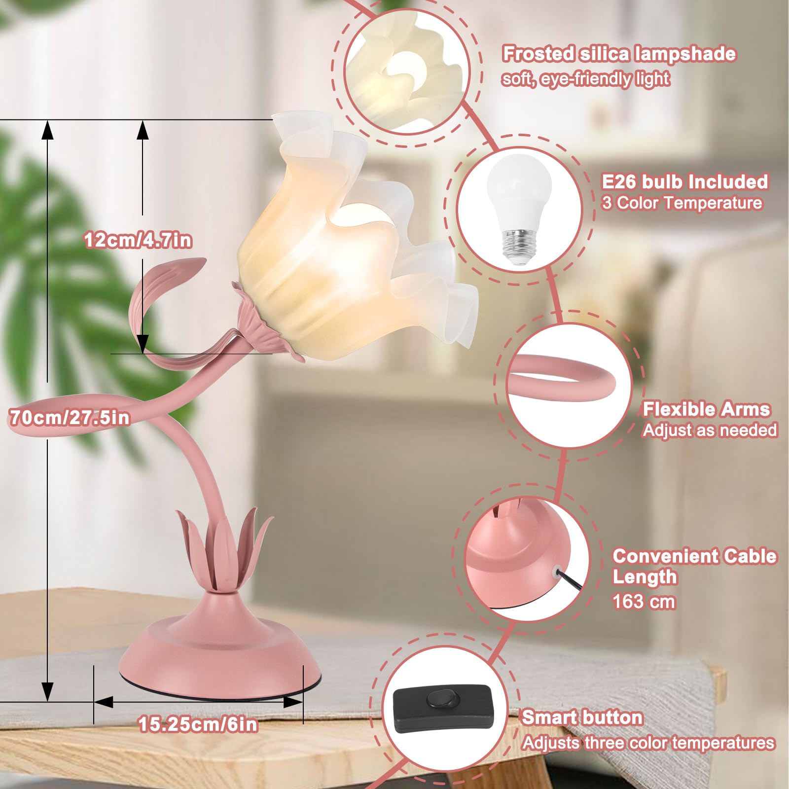 Vintage Calla Lily Flower Table Lamp – Cute Bedside Desk Lamp With 3-Color Temperature & Flexible Neck, Pink Floral Home Decor