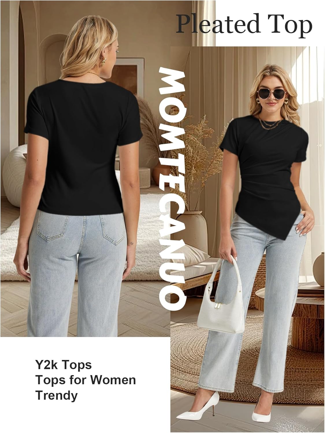 Short Sleeve T Shirts for Women, Y2k Trendy Summer Going Out Tops Asymmetrical Ruched Crewneck Tee Blouse - Image 5