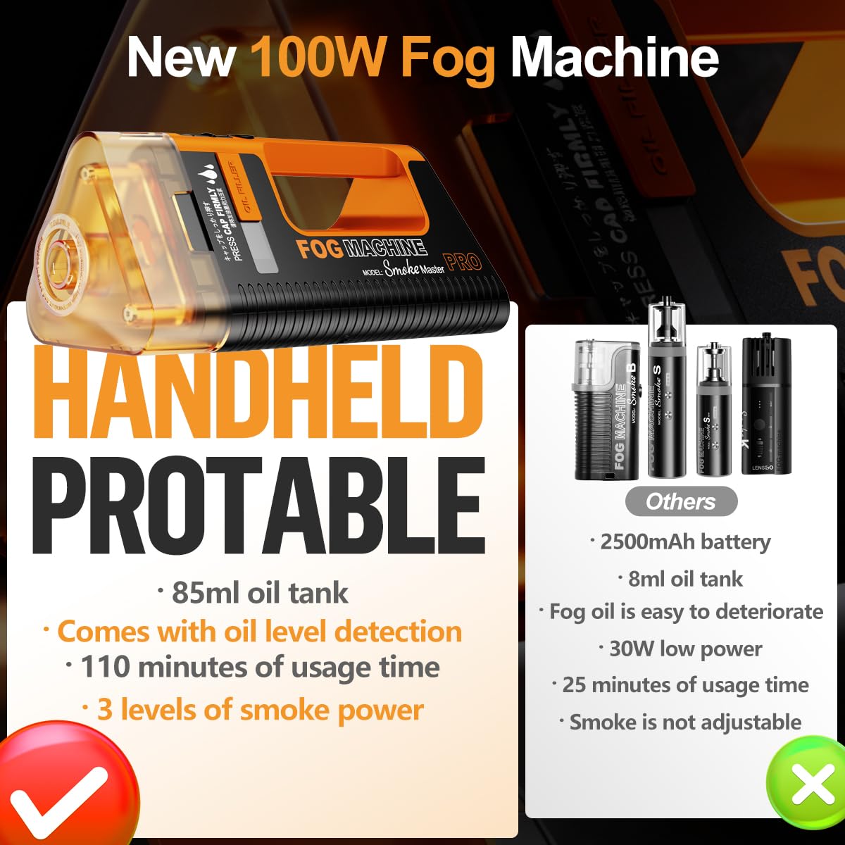 Machine à brouillard portable rechargeable, LENSGO SMOKE MASTER PRO 100W Machine à fumée portable, télécommande extérieure et intérieure pour la photographie, Halloween, fête, effets de scène