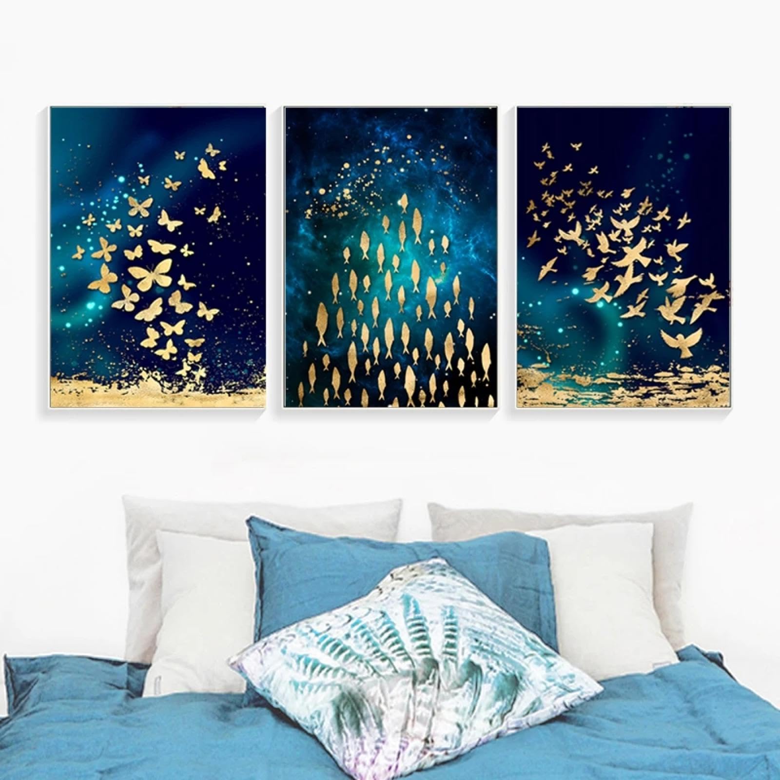 Peinture abstraite image décor papillon poisson triptyque de toile - 8
