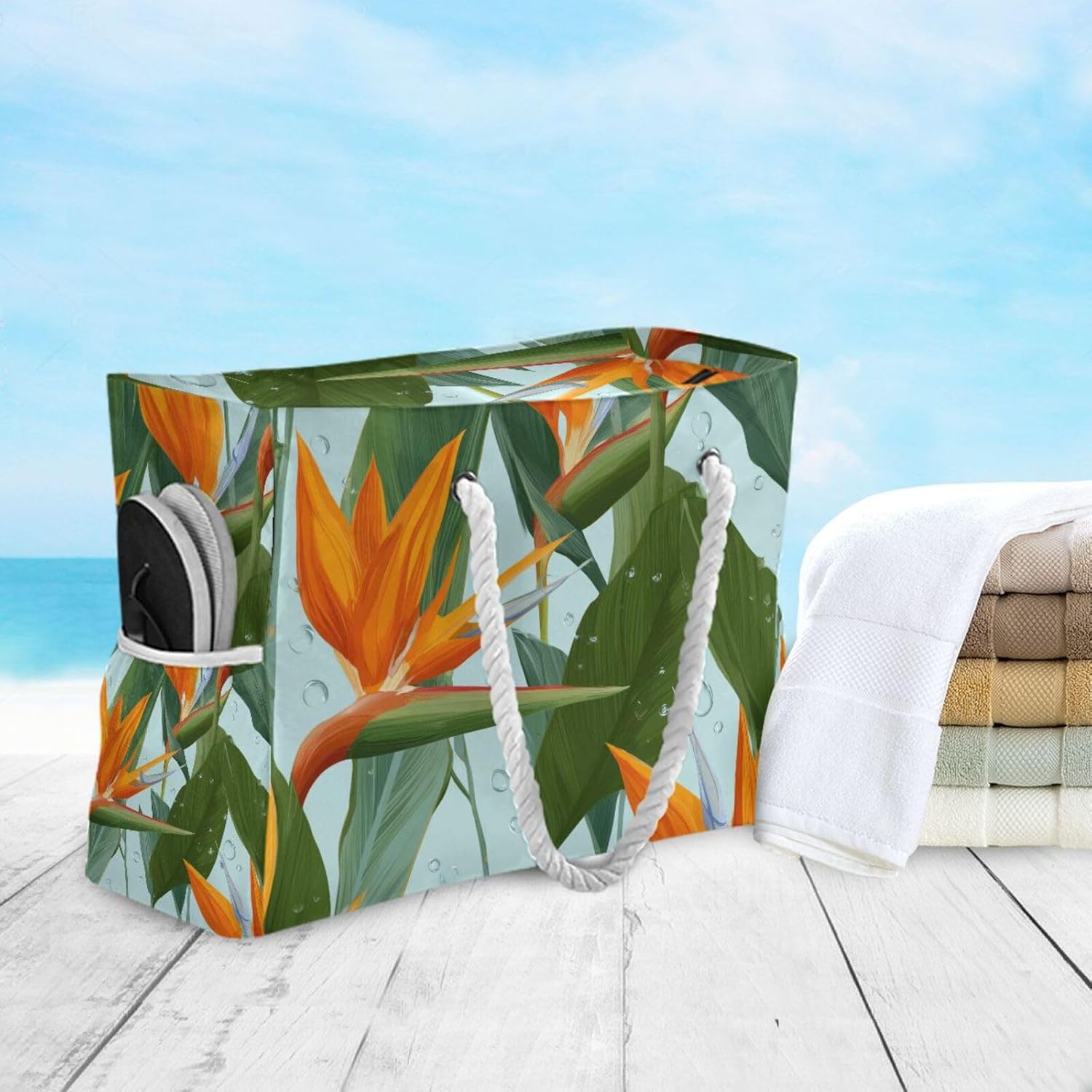 OTVEE Tropical Flowers Pattern Beach Bags for Women Ladies Large Canvas Tote Shoulder Bag Waterproof Travel Bags for Gym Swim Pool Camping