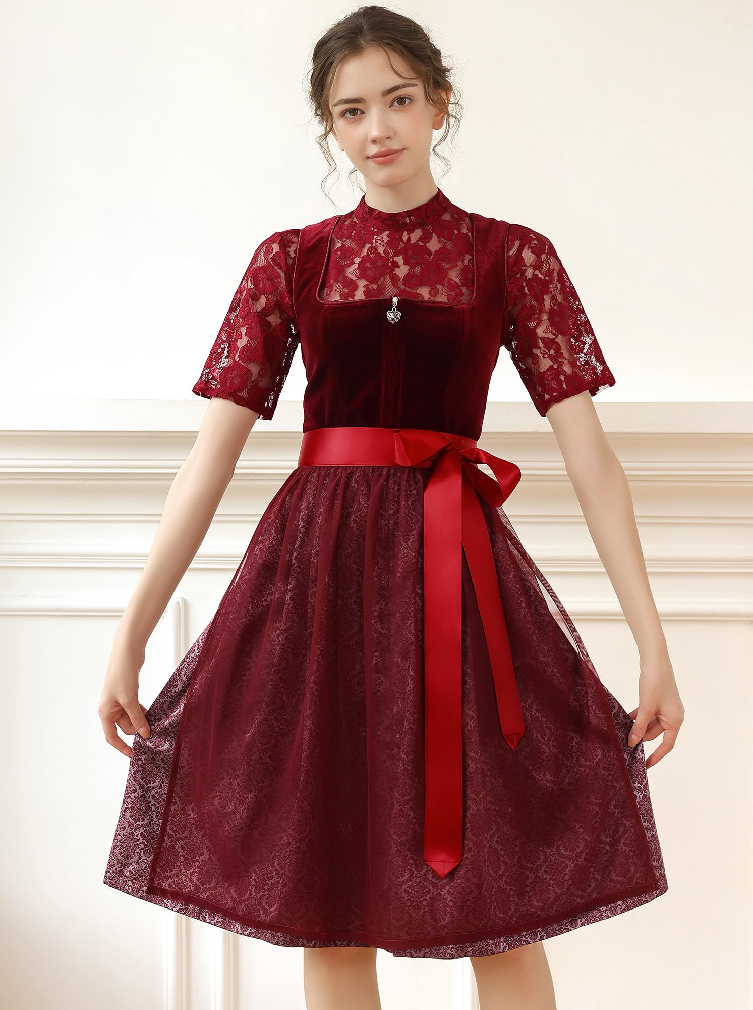 EIISSION Dirndl Damski Oktoberfest Kostium Oktoberfest Kostium Kostium Damski Czerwony Tradycyjna Sukienka midi Trachten Sukienka 3 Pieces Bluzka Fartuch