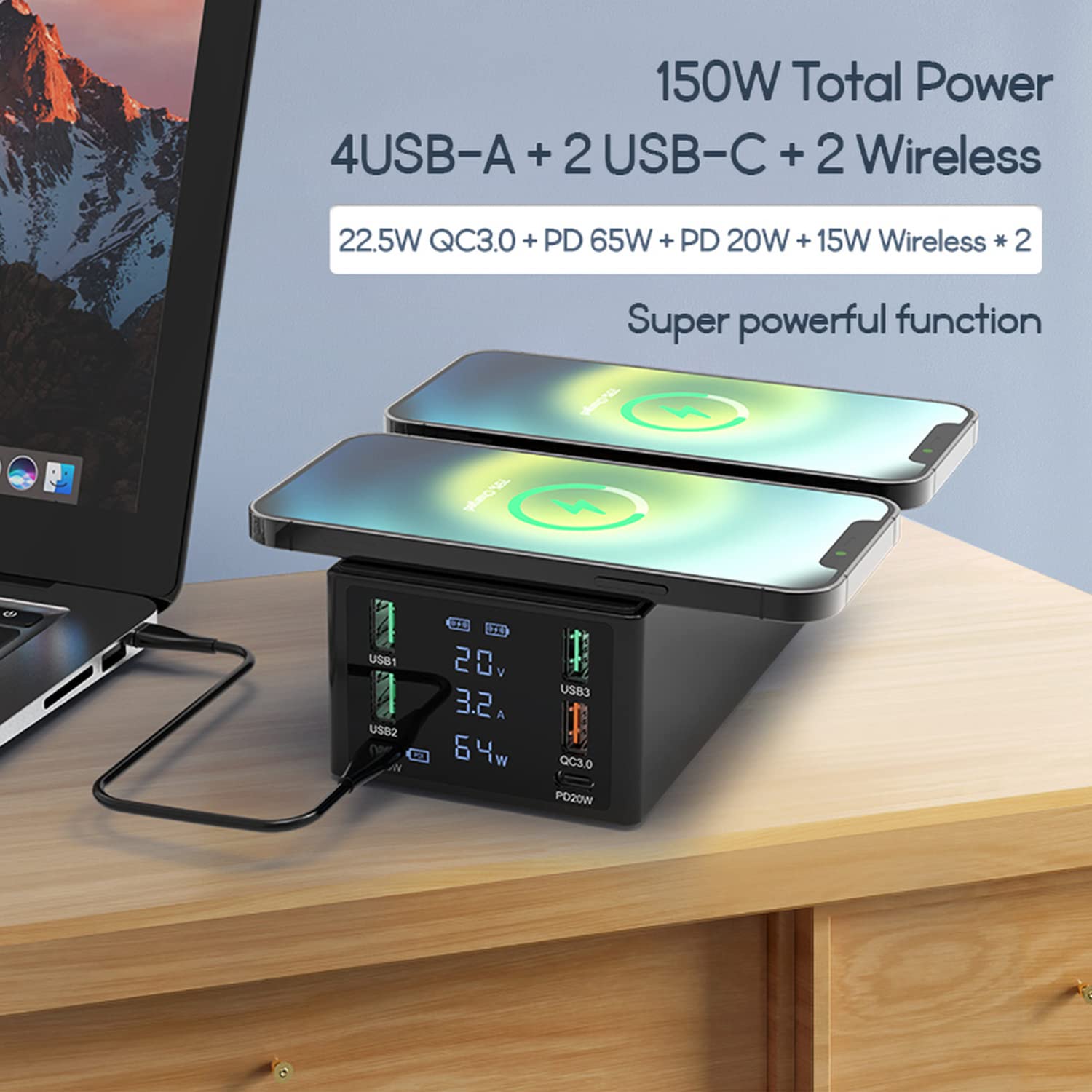 Caricatore USB 150W 6 porte stazione di ricarica rapida con Quick Charge 3.0 e doppia ricarica wireless per smartphone e tablet, display LCD