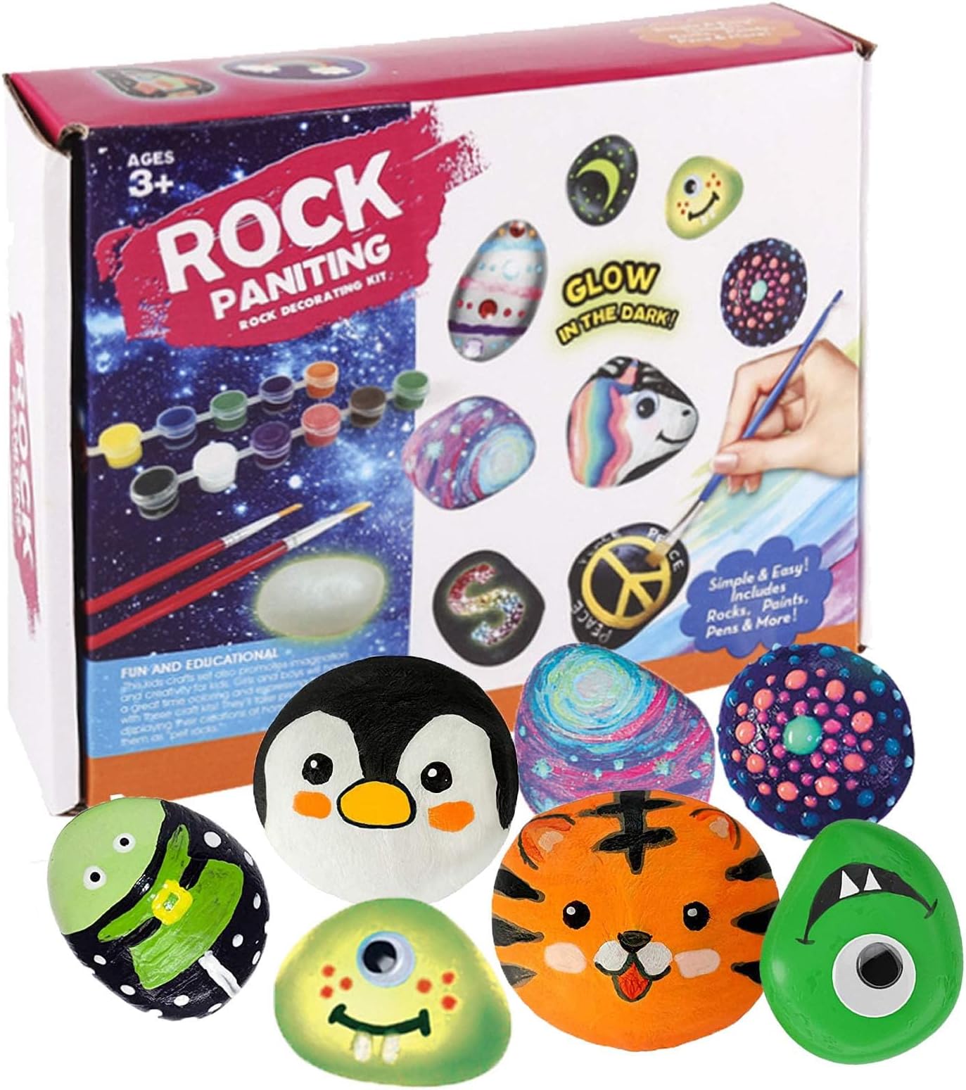 Premium Rock Painting Kit, Rock Painting Kit for Kids Adult, DIY Arts and Crafts Supplies Kits for Paint Rocks, Glow in The Dark Painting Rocks, Perfect Creative Painting Gift for Boys and Girls