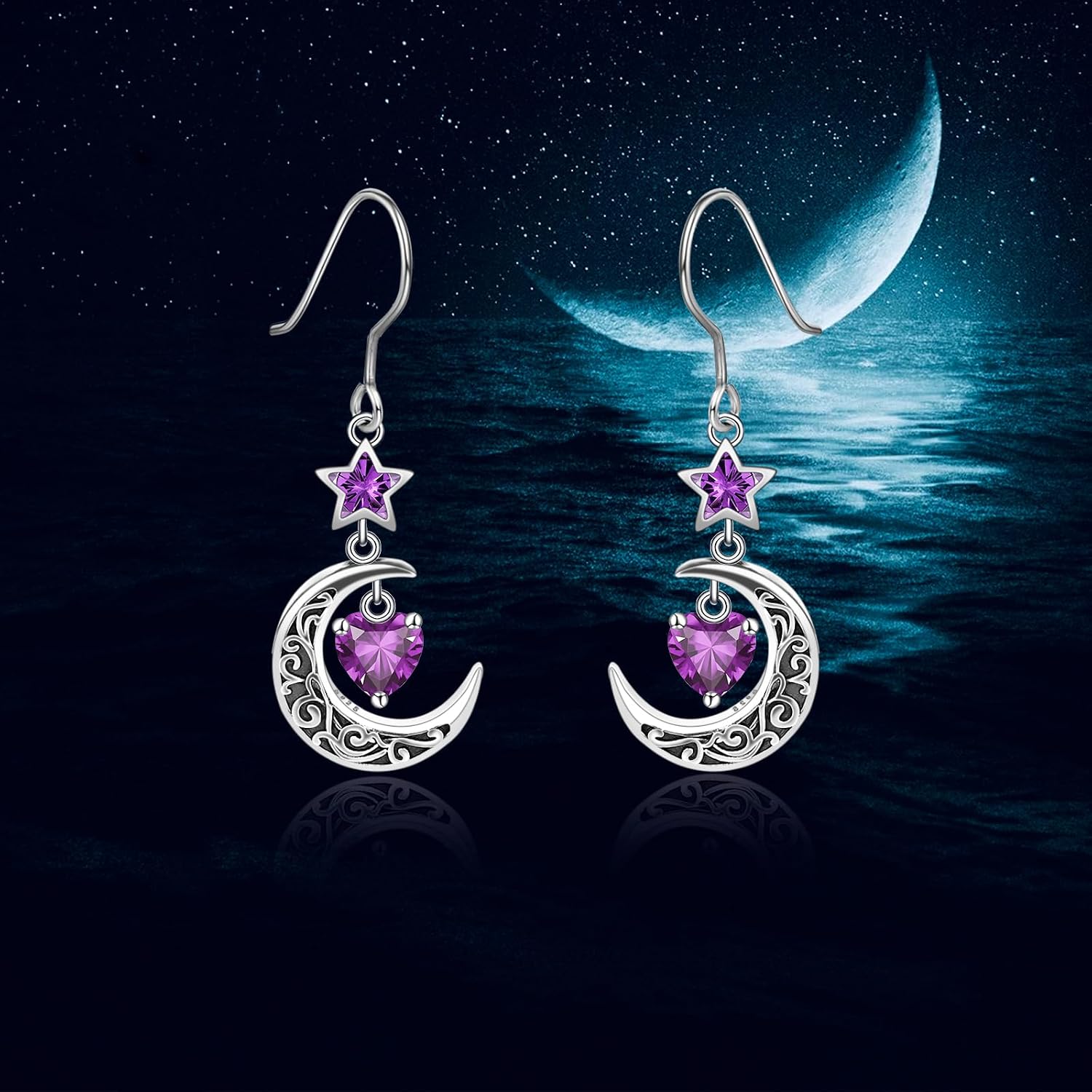 Shysnow Moon Birthstone Earrings for Women 925 Sterling Silver Half Moon Star Dangle Drop Earrings with Heart Crystal Birthday Jewelry for Women
