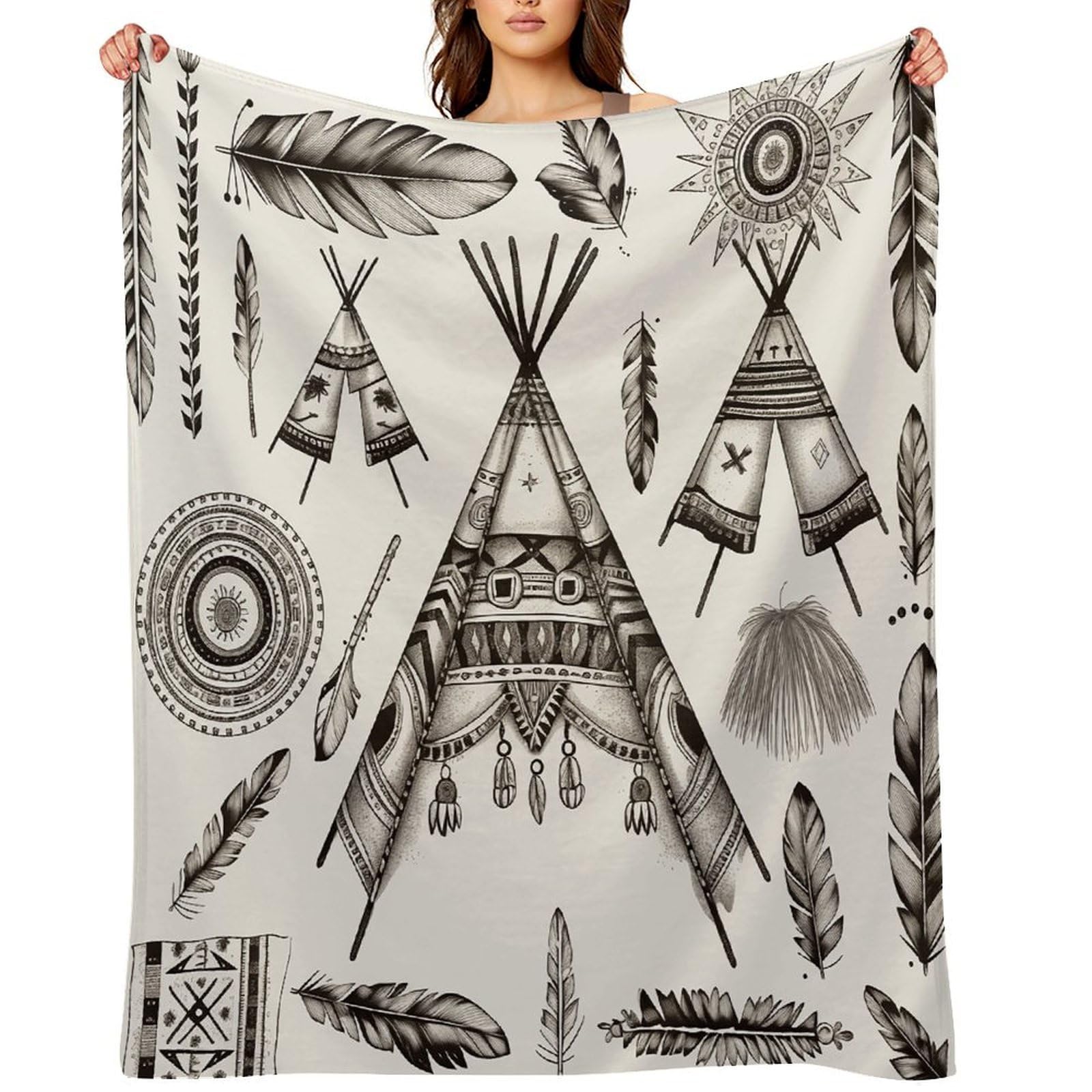 Feather Head Band Teepee Tent Throw Blanket for Couch and Bed Super Soft Warm Lightweight Throw Blankets Cozy Fuzzy Flannel Blanket Personalized Decorative Blankets for Sofa Decor 30"x40"