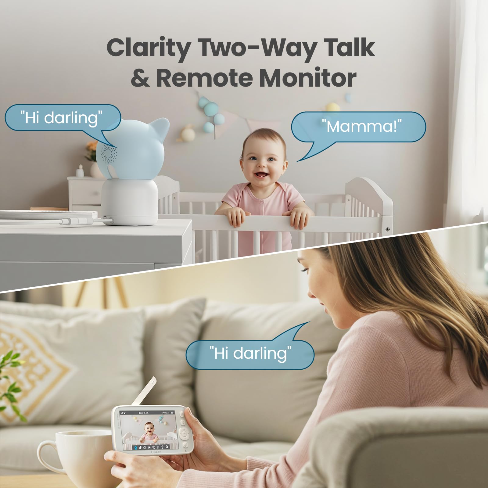 litokam Monitor de bebé de 4 MP con cámara y audio, pantalla dividida 1080P de 5 pulgadas, sin WiFi y WiFi 5G/2.4G, zoom remoto panorámico, visión nocturna, VOX, sensor de temperatura, conversación