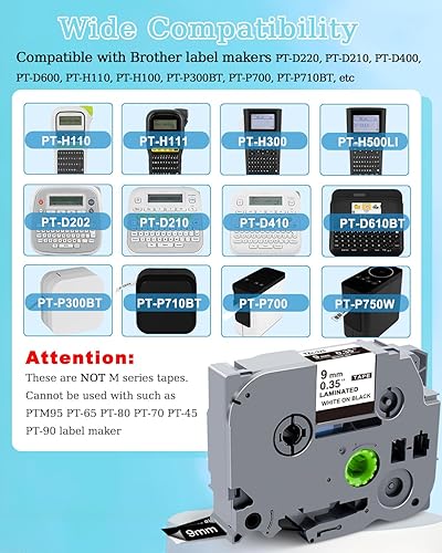 Miniatura 2 de Cinta de etiquetas de repuesto compatible para Brother TZe-325 TZe TZ, cinta blanca sobre negra, 0.354 in, 0.35 pulgadas, cinta de etiquetas