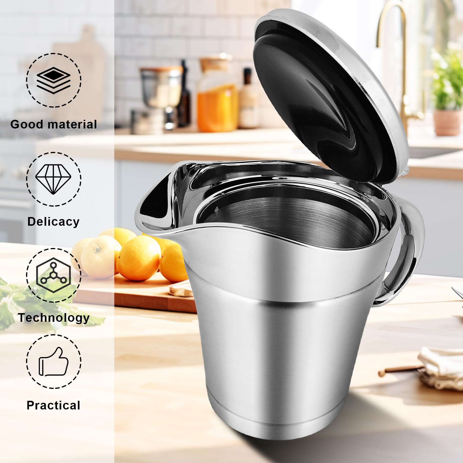 Thermo-Sauciere aus Edelstahl, 500 ml, doppelte Isolierung, elegant, silberfarben, mit Deckel, isoliert