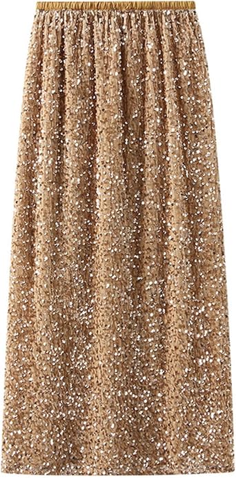 Womens Sequin Skirt Elastic High Waist Sparkle Long Bodycon Skirts with Slit for Party Evening Cocktail
