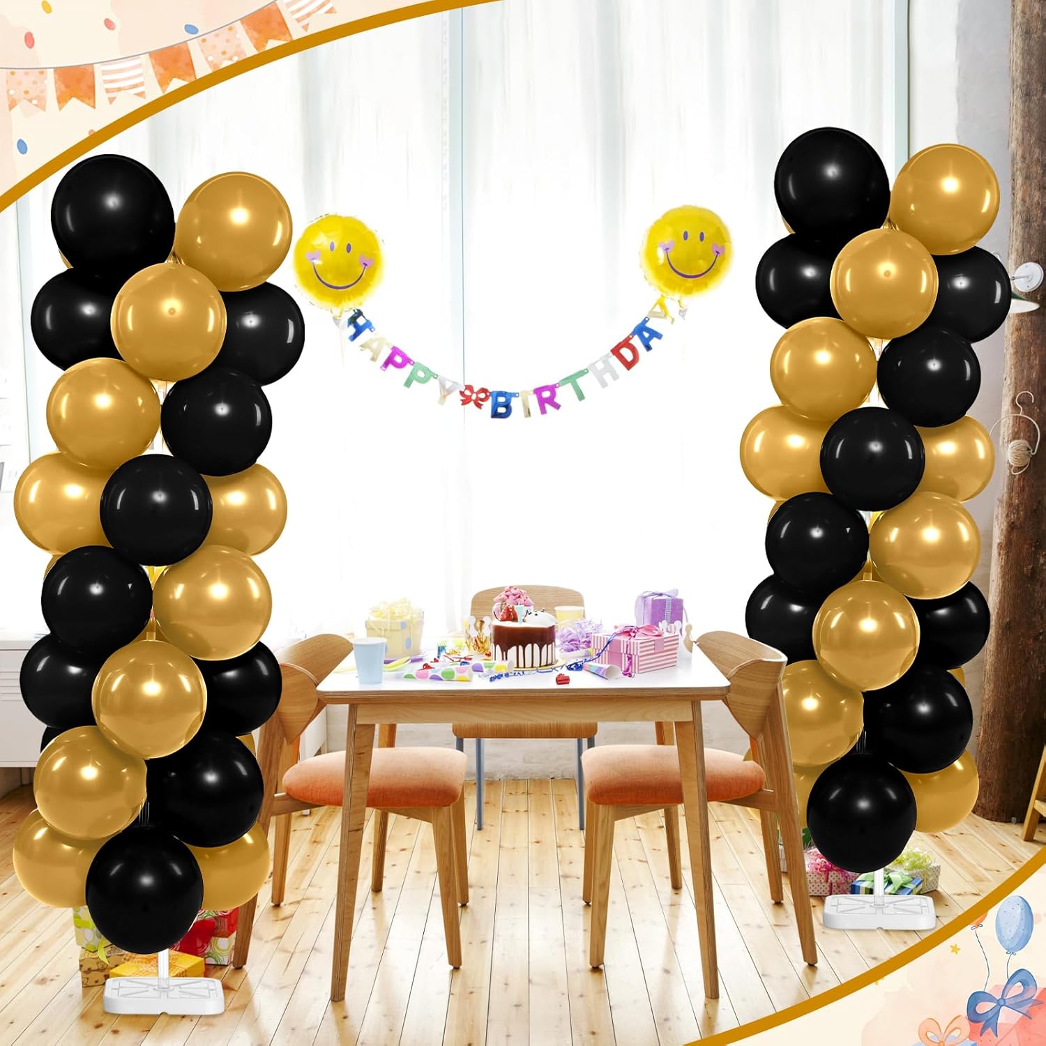 Blueweenly 2 Sets Balloon Column Stand Kit and Electric Balloon Pump Adjustable 7.2 ft Balloon Stand for Floor 100 Pcs Balloons for Graduation Baby Shower Birthday Wedding Party Decor Black and Gold