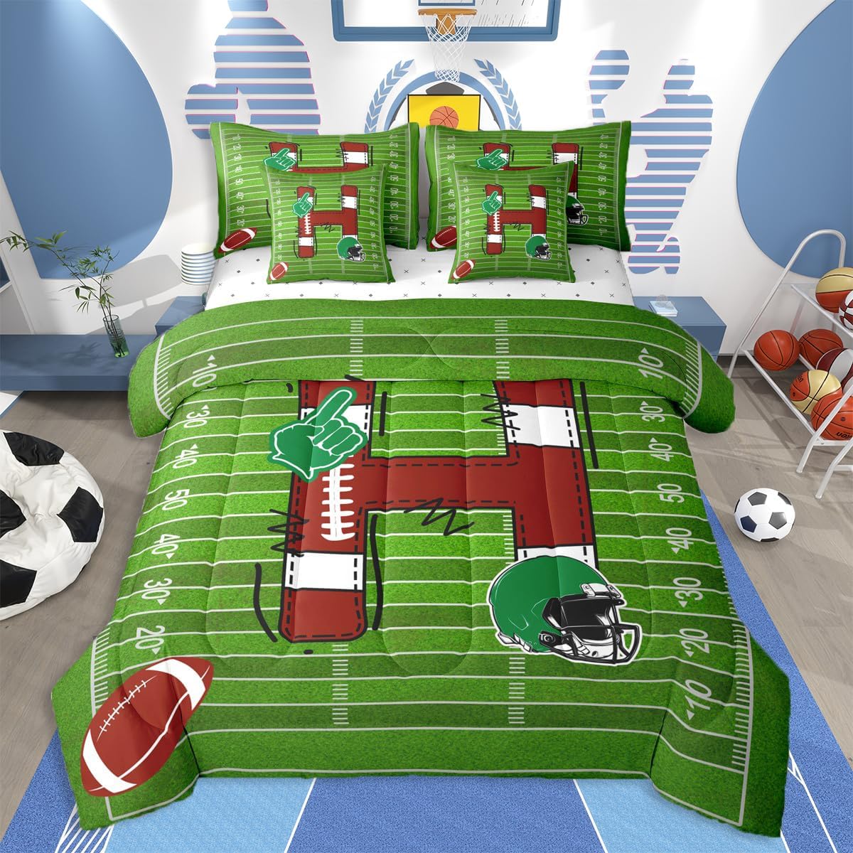 jejeloiu Football Queen Comforter Set with Sheets for Kids Boys Girls Inspirational Gifts for Football Lover 7 Pieces Bedding Set Initial H Bed in a Bag Monogrammed Room Decor Soft Lightweight