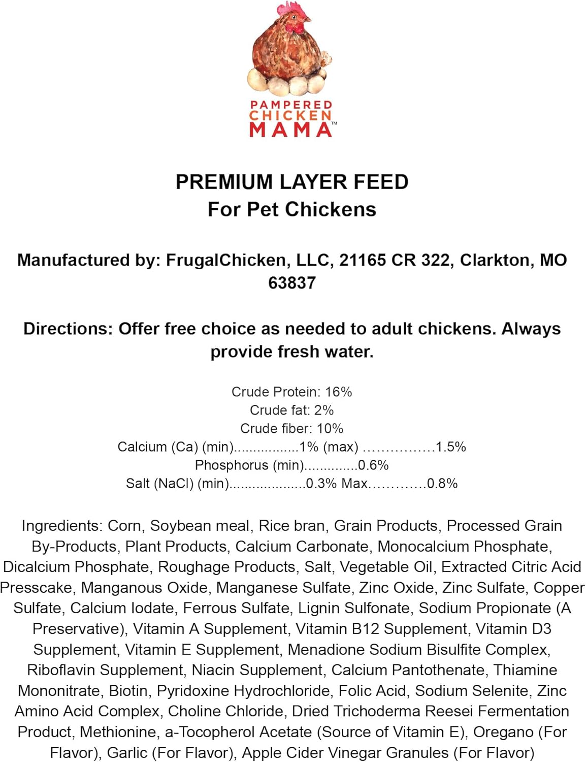 Pampered Chicken Mama Chicken Feed Mash - Premium Layer Feed Pellets - High Protein & High Calcium Chicken Grower Feed Supplies (10 Pounds)