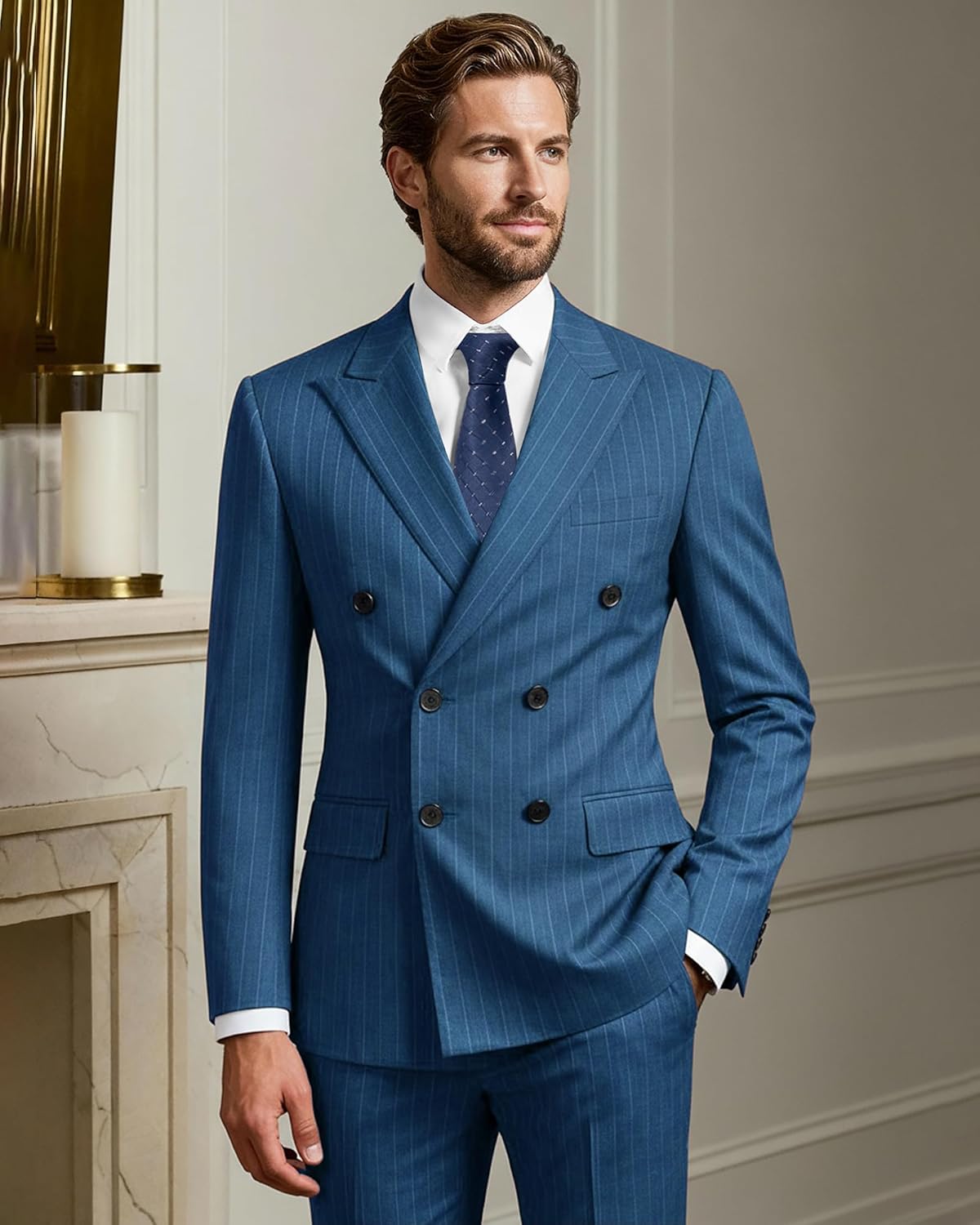 YND Men's 2 Piece Double-Breasted Suit, Slim Fit Stripe Tuxedo Set with Tie, Party Wedding Dress Blazer, Tux and Trousers - Image 2