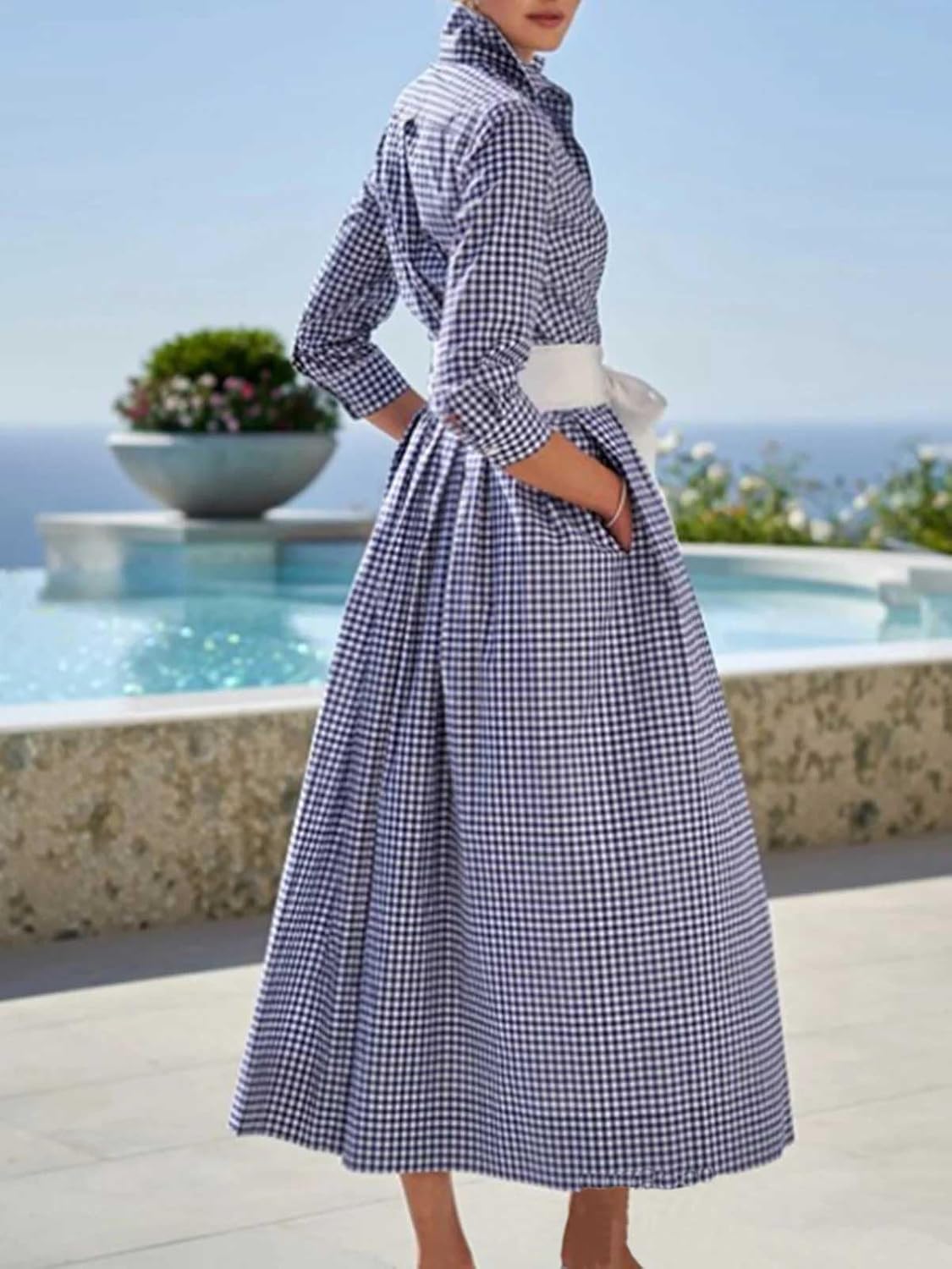 chouyatou Women's Retro Plaid Button Up Maxi Shirt Dress 3/4 Sleeve Gingham Pocketed Long Dress with Belt - Image 2
