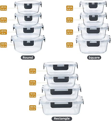 Miniatura 2 de 24 recipientes de vidrio para preparación de comidas, recipientes de vidrio para almacenamiento de alimentos con tapas, reutilizables, herméticos, a