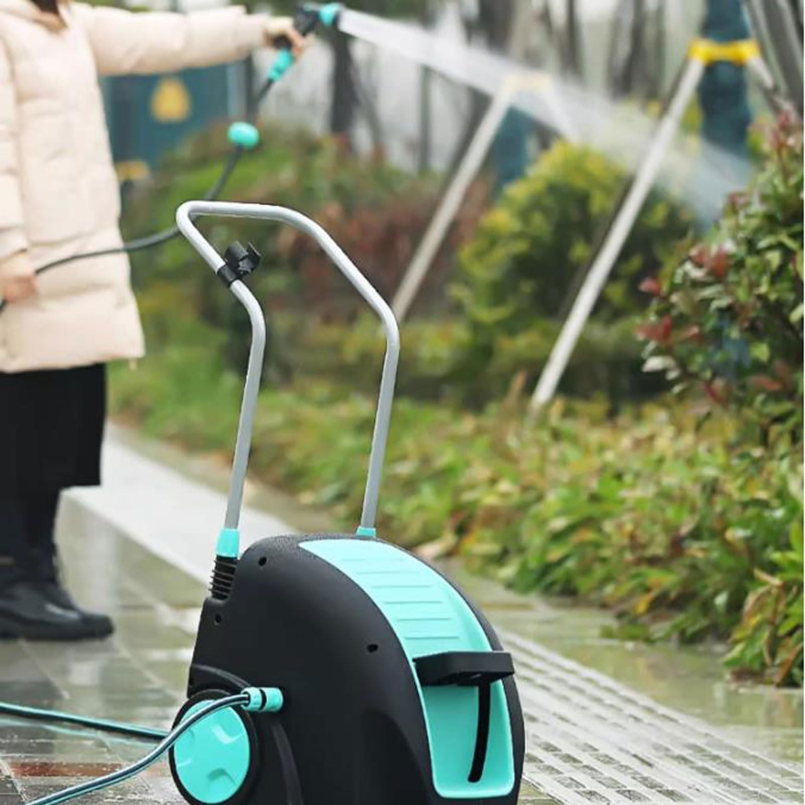 Carrete para Manguera, Carro portamangueras de jardín con Manguera de 30 m/100 pies y Boquilla rociadora, Especialmente Estable, Soporte móvil for Carrete de Manguera con Ruedas.