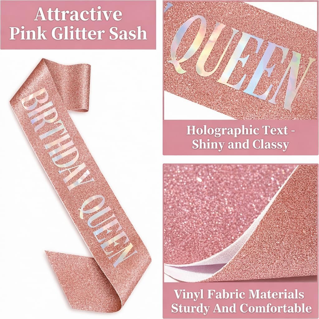 sanderala Birthday Queen Accessories Kit,Glitter Pink Sash with Heart Pearl Sunglasses and Sparkling Crystal Headband, Happy Birthday Party Accessories for Girl Women Costume image 3