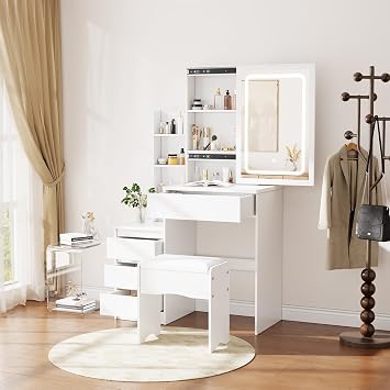 Dressing Table with LED Lighting Mirror, 3 Lighting Modes Adjustable Brightness,Vanity Table,Makeup Desk with 4 Drawers and 3 Storage Shelves, Modern White (A3)