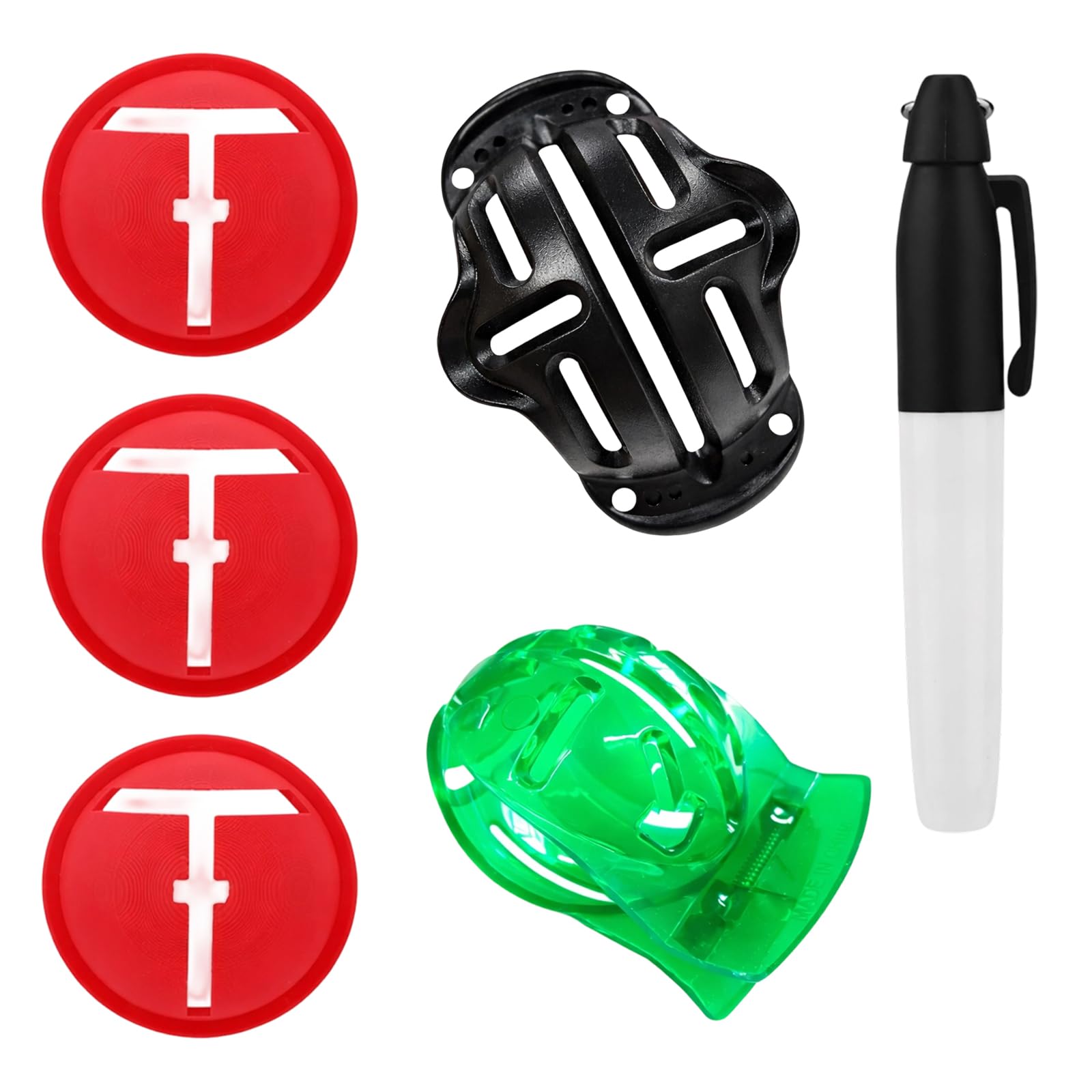 Golf Ball Markers, Golf Ball Line Marker Tool, Alignment Marker for Putting Practice, 6-Piece Golf Ball Marker Set with Balanced Line Drawer and Dual-Sided T-Square Marker, Black and Green Design