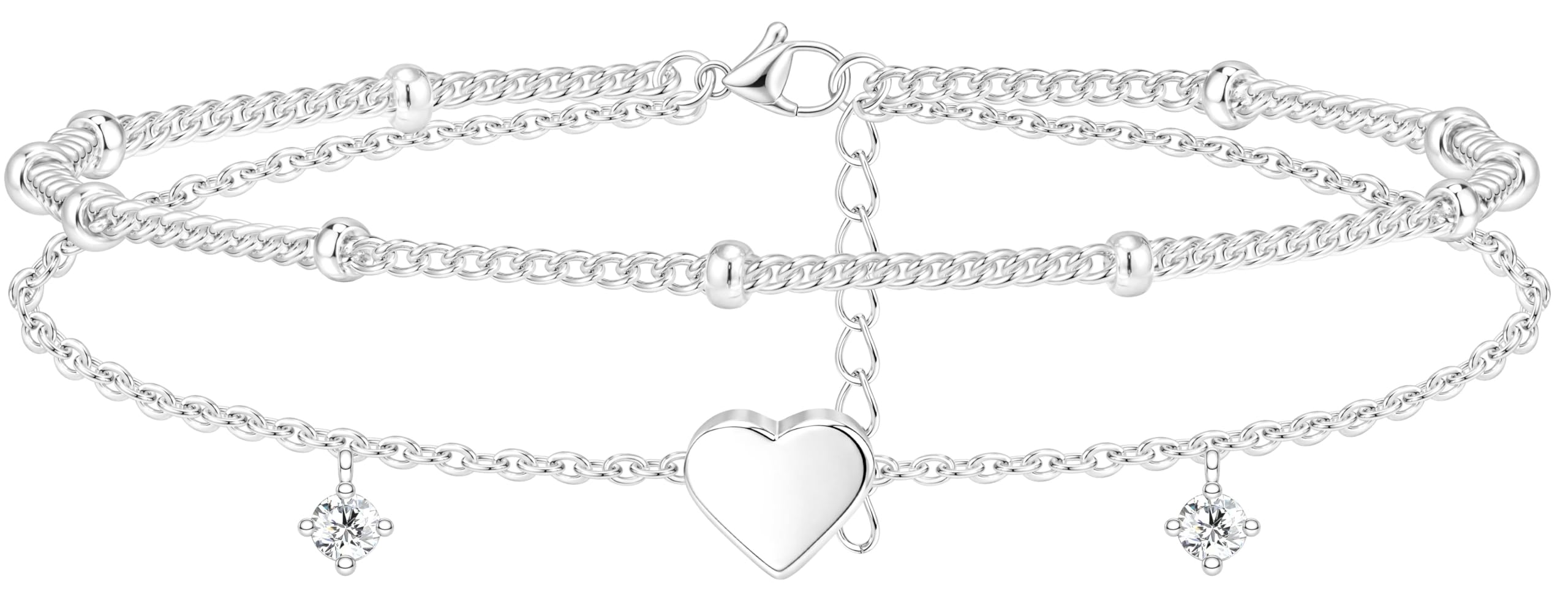 Bead Anklet for Women 925 Silver Adjustable Waterproof Simple Heart Chain Dianty 6mm Beads Multilayer Anklet Jewelry Gifts for Women Girls