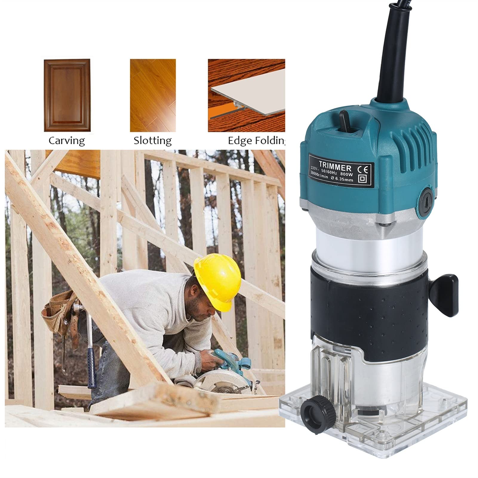 przecinak do drewna 800W Woodworking Elektryczny Trymer Wood Frezowanie z Podręcznik Base Edge Poradnik Laminat Elektryczny Router Palmowy 30000R / Min (Color : EU with plastic Box)