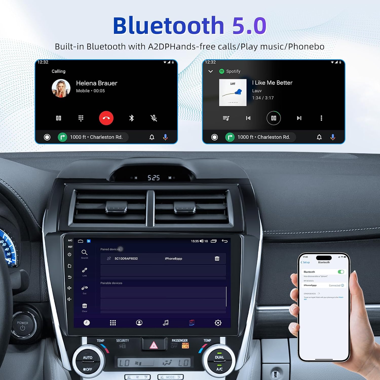 8-Core Android 15 Car Radio for Toyota Camry 2012 2013 2014: 10Inch 1280×720 Touchscreen Stereo, Wireless CarPlay & Android Auto, GPS Navigation, Bluetooth, 5G WiFi, AM/FM, Backup Camera, Split Screen