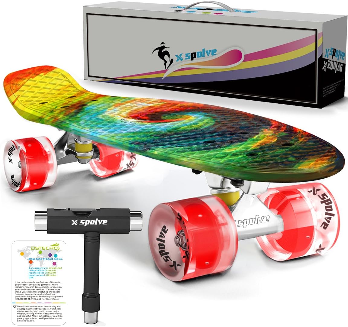 XSPOLVE 22" Complete Skateboard with Colorful LED Light Up Wheels for Kids,Youths, Beginners(Hurricane with Transparent Wheels,Free T-Tool)