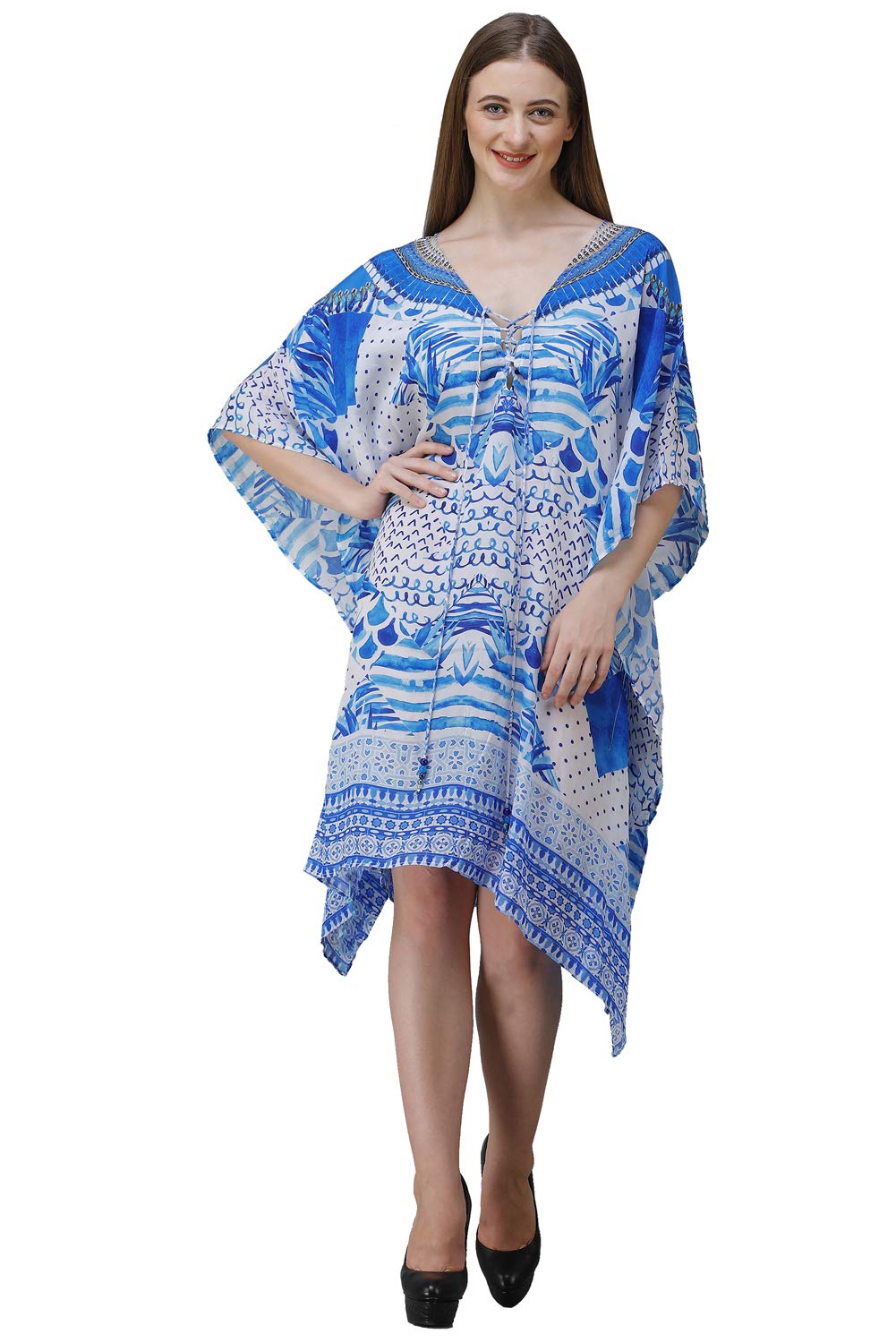 curvshape Short Blue Fish Digital Printed | Crepe Kaftan | Vacation Wear | Beach Wear | Coverups | Kaftan Dress | For Women | Free Size [M-3XL]-picture-15