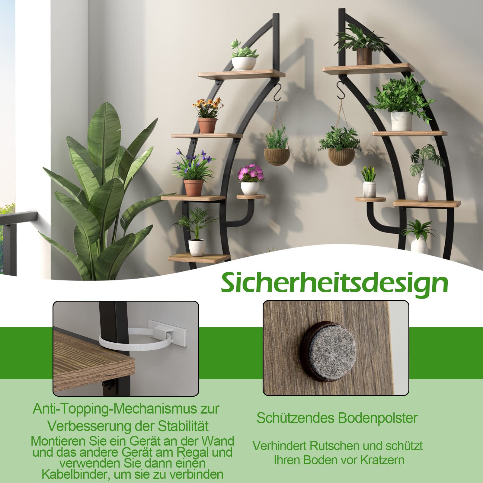 COSTWAY Soporte de metal para plantas de 6 niveles con forma de media luna, con 2 estantes pequeños y gancho superior, escalera para plantas, soporte para macetas de jardín, balcón, salón (marrón)