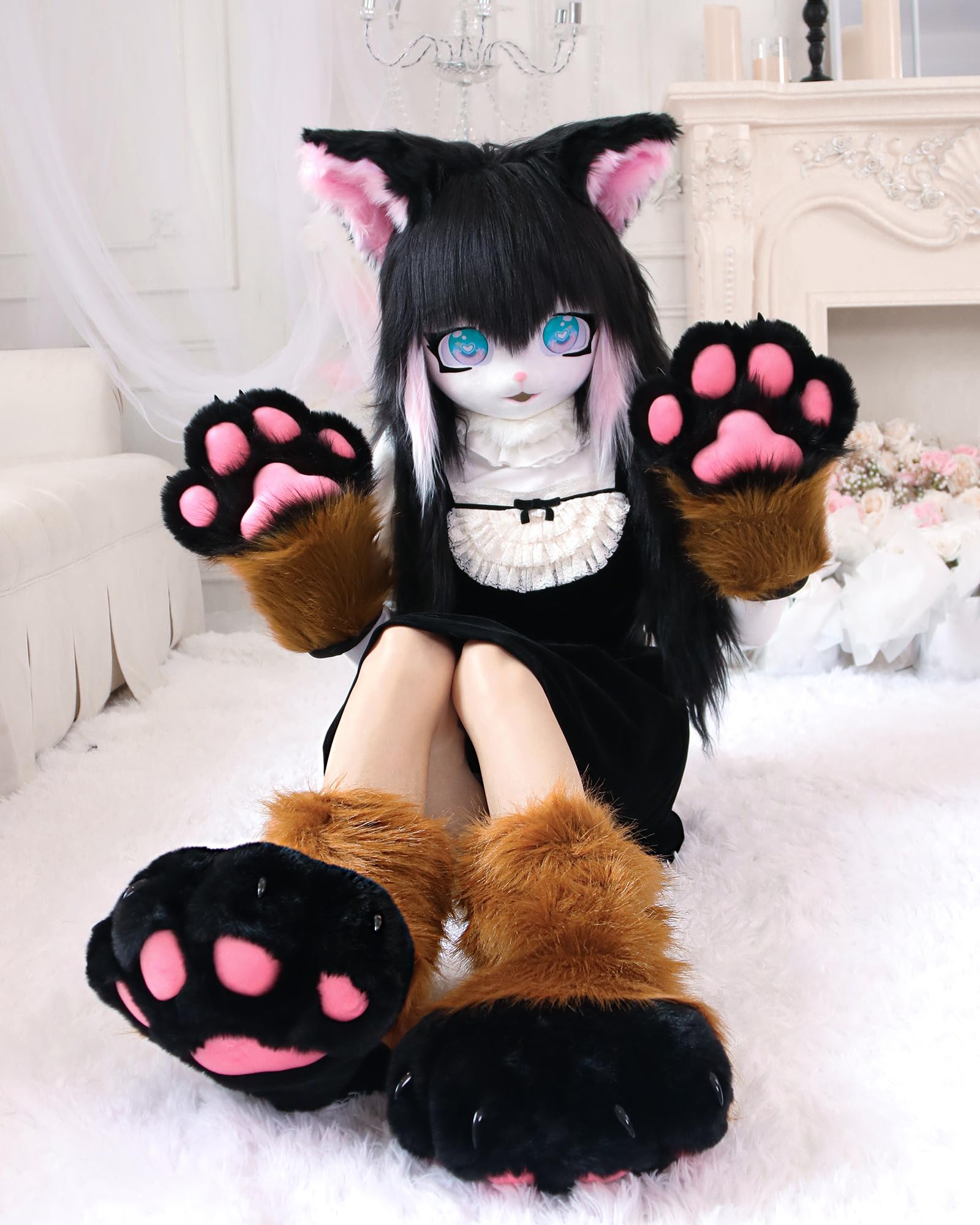Cosplay Chat Animaux Griffes en Plastique pour Fursuit Pieds Chaussures Pattes Fourrure Chaussons Fourrure Adulte Costume Accessoires Set