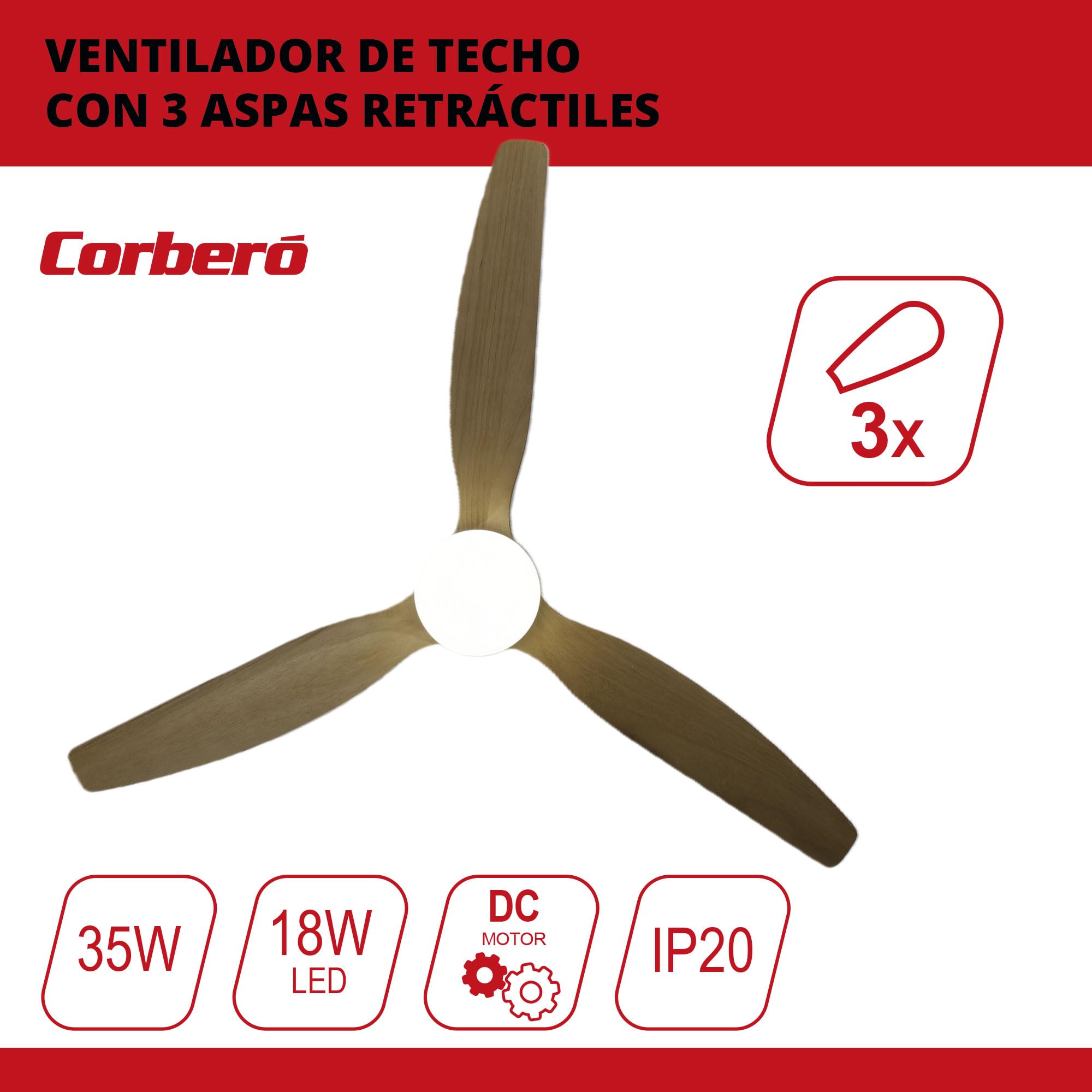 Corberó - Ventilador de Techo con Luz LED 132 cm | CVTGHC4 |Silencioso | 6 Velocidades | Diseño Nórdico | Temporizador|Mando a Distancia | Modo Verano - Inverno |Aspas de Madera Clara