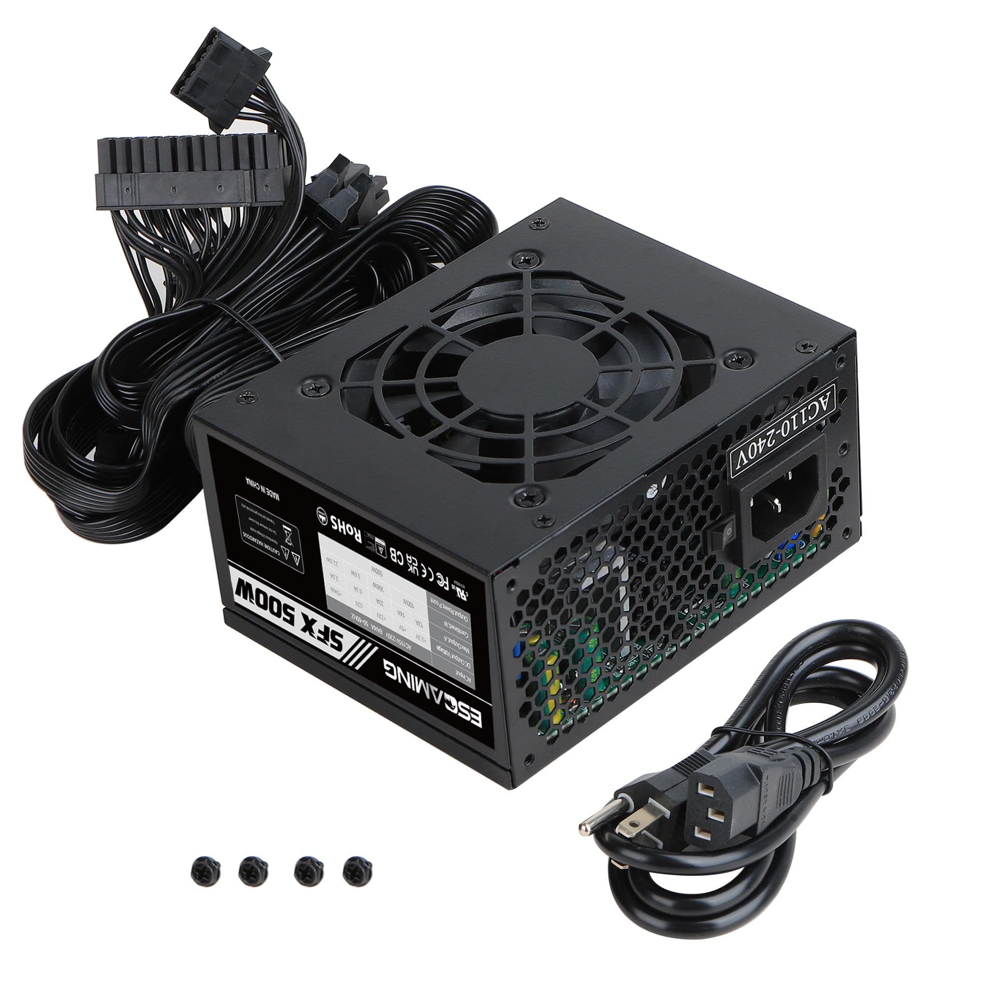 ESGAMING - Fuente de alimentación SFX de 500 W, fuente de alimentación activa PFC PSU silenciosa de 80 mm, ventilador FDB para servidor de juegos de computadora, computadora de factor de forma SFX
