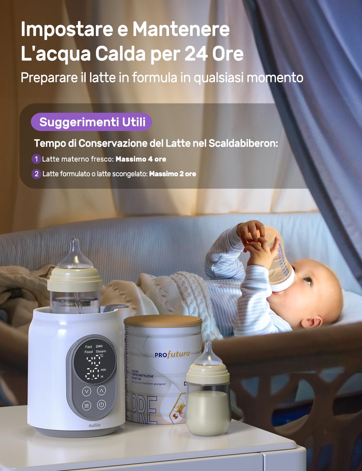 Scaldabiberon, Nuliie 10-in-1 Scaldabiberon Elettrico per Latte Materno o Formula con Timer Digitale Display LCD Controllo Intelligente Della Temperatura e Spegnimento Automatico, 220V