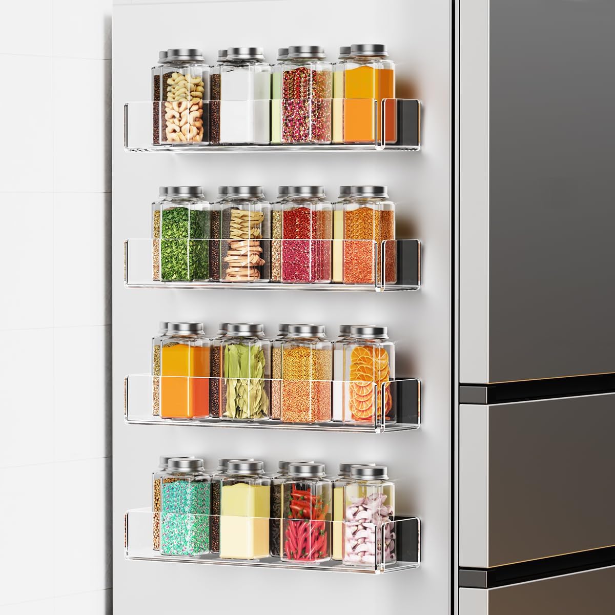 Paquete de 4 estantes acrílicos para especias para refrigerador y horno, organizadores magnéticos para nevera y almacenamiento, transparente