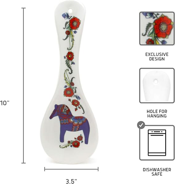 ScandinavianGiftOutlet - Decorative Ceramic Spoon Rest for Stove Top - 10 Swedish Dala Horse Design | Kitchen Essentials Utensil Holder, Blue | Dimensions (LxWxH): 1 X 3.5 X 10 Inches.