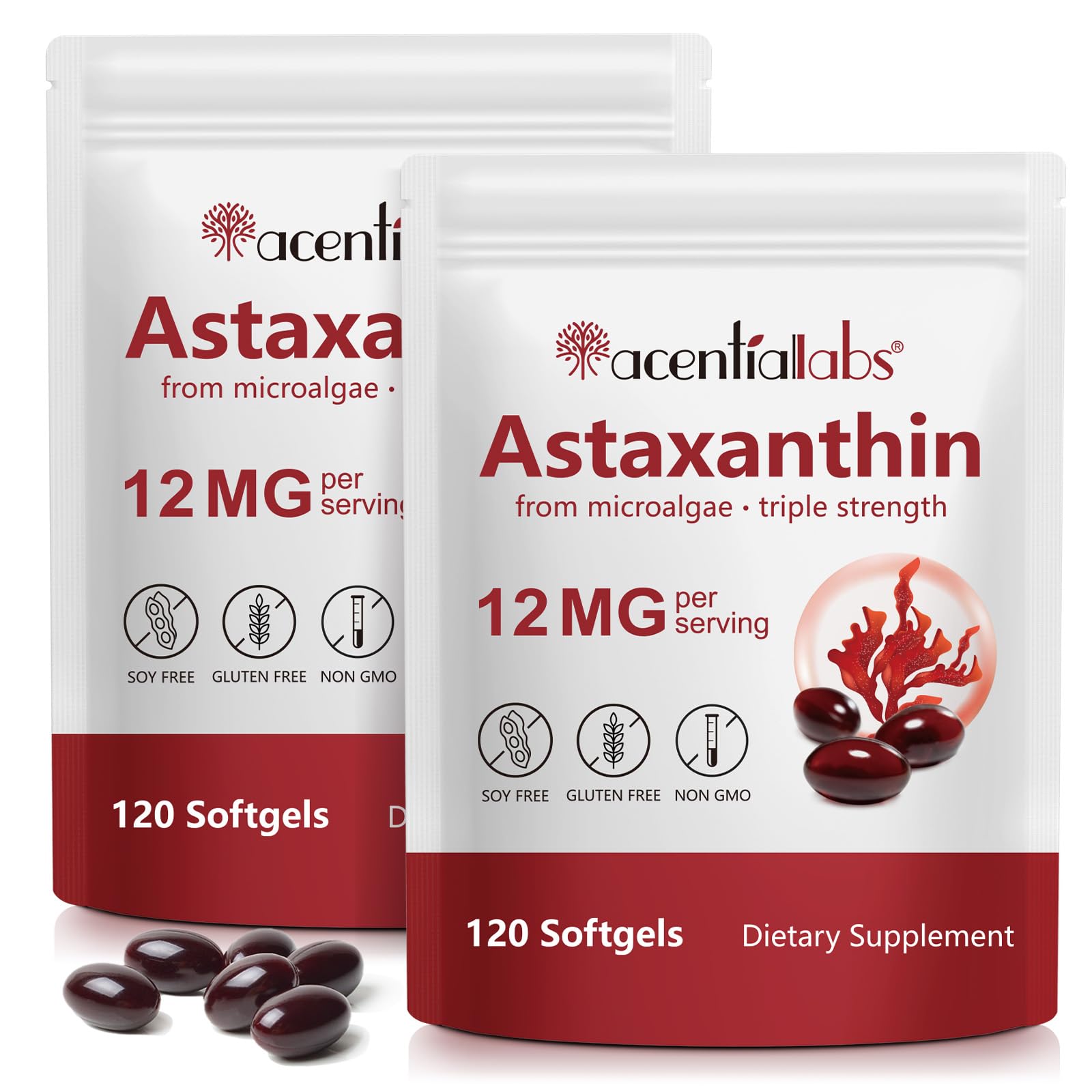 Astaxanthin 12mg Ergänzungen, 120 Softgels Premium Astaxanthin Antioxidans Ergänzungen unterstützt Auge, Gelenk, innere Zirkulation, Hautgesundheit & natürliche Brünung, frische Mikroalgen Quelle-2PCS