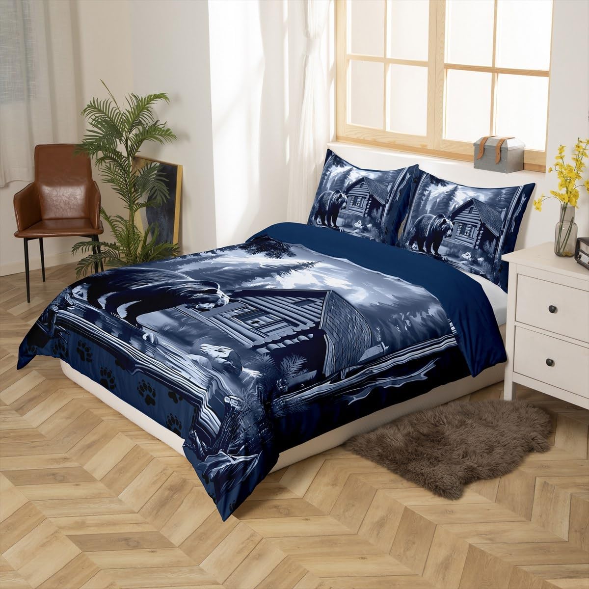 jejeloiu Kids Bear Bedding Set Toddler Size Rustic Cabin Lodge Bedding Duvet Cover Set for Boys Teens Decor Nature Wildlife Bear Comforter Cover Set Farmhouse Blue 2Pcs,No Comforter