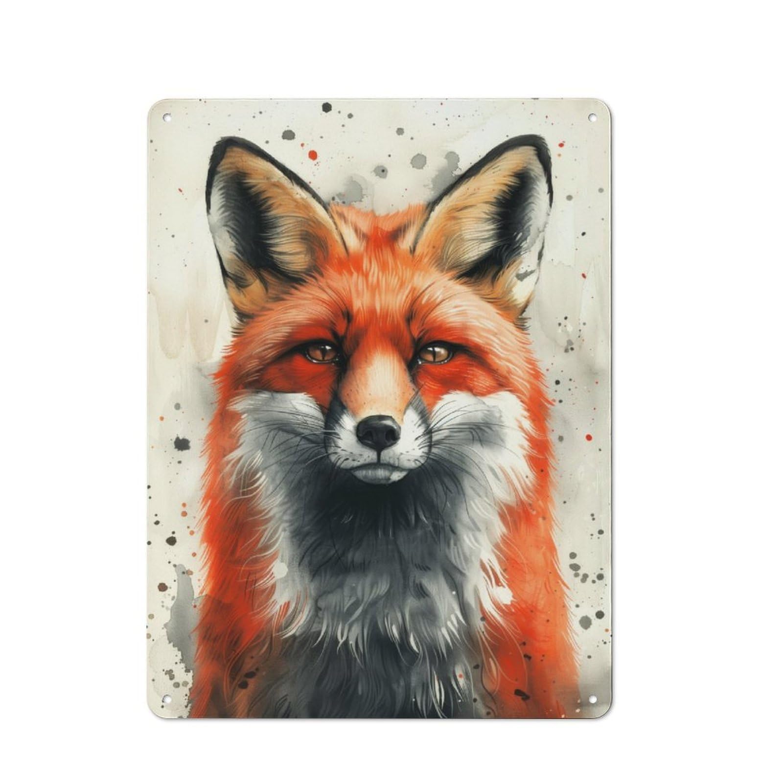 Junmoney Red Fox Watercolor Portrait Retro Tin Wall Plaque 40X30cm Featuring For Garage Wall, For Vintage Wall Decor Fans, For Themed Room Decoration