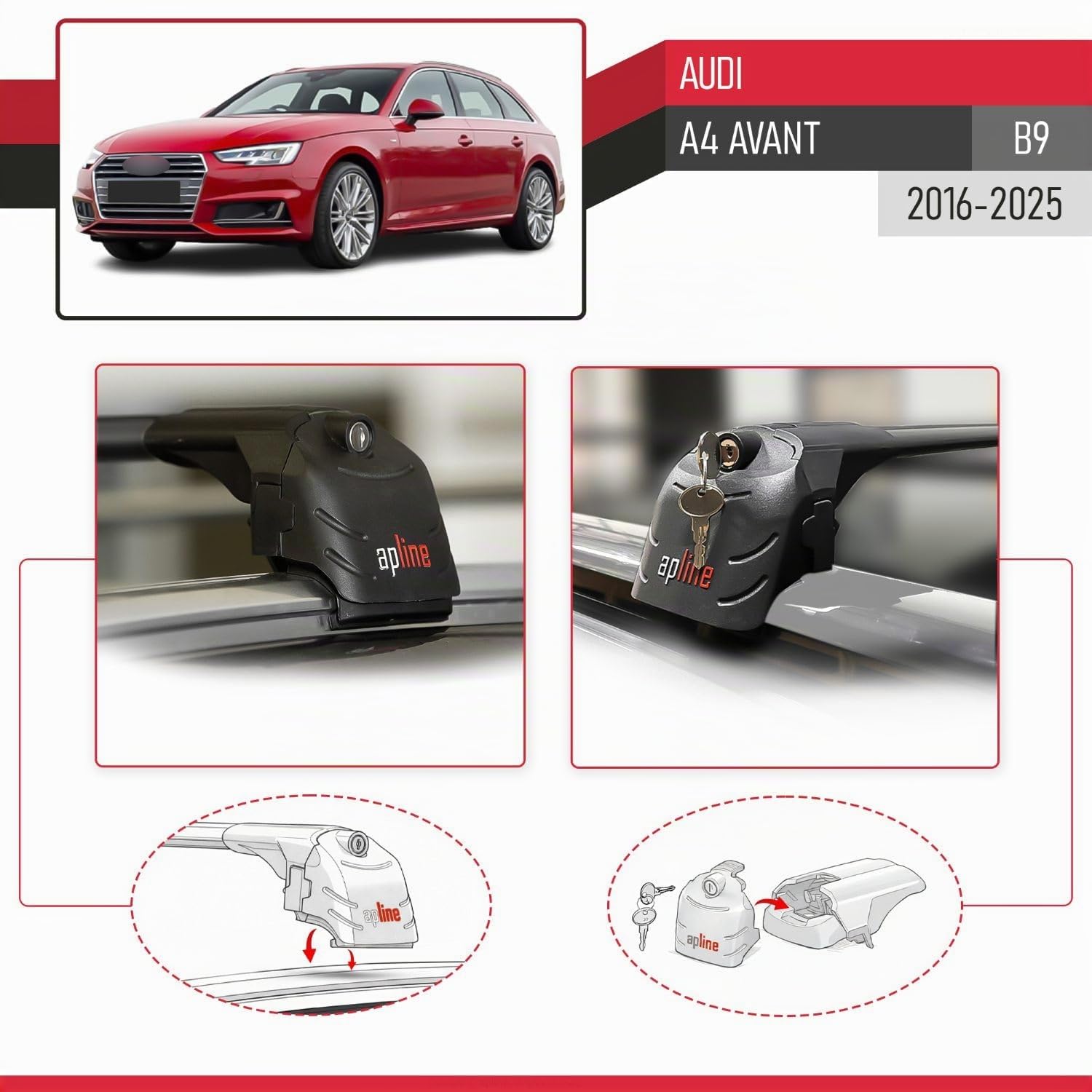 Compatible con Audi A4 (B9) Avant 2016-2024 ACE-2 Barras de Techo Auto Portaequipajes Barras Transversales Negro Aluminio 2 Barras