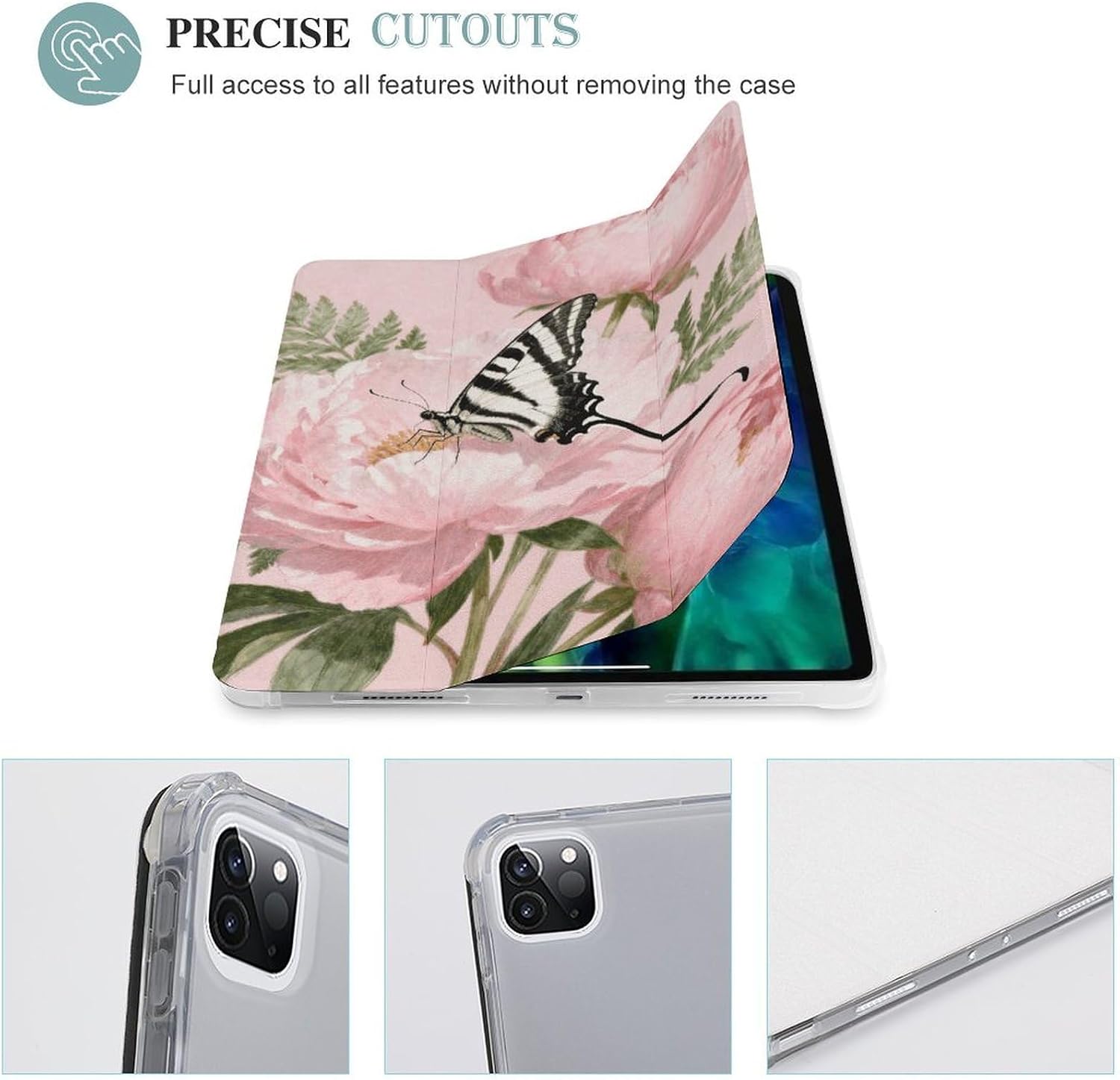 Ribbon Butterfly Peony 12.9 in Trifold for iPad Case with Pencil Holder image 4