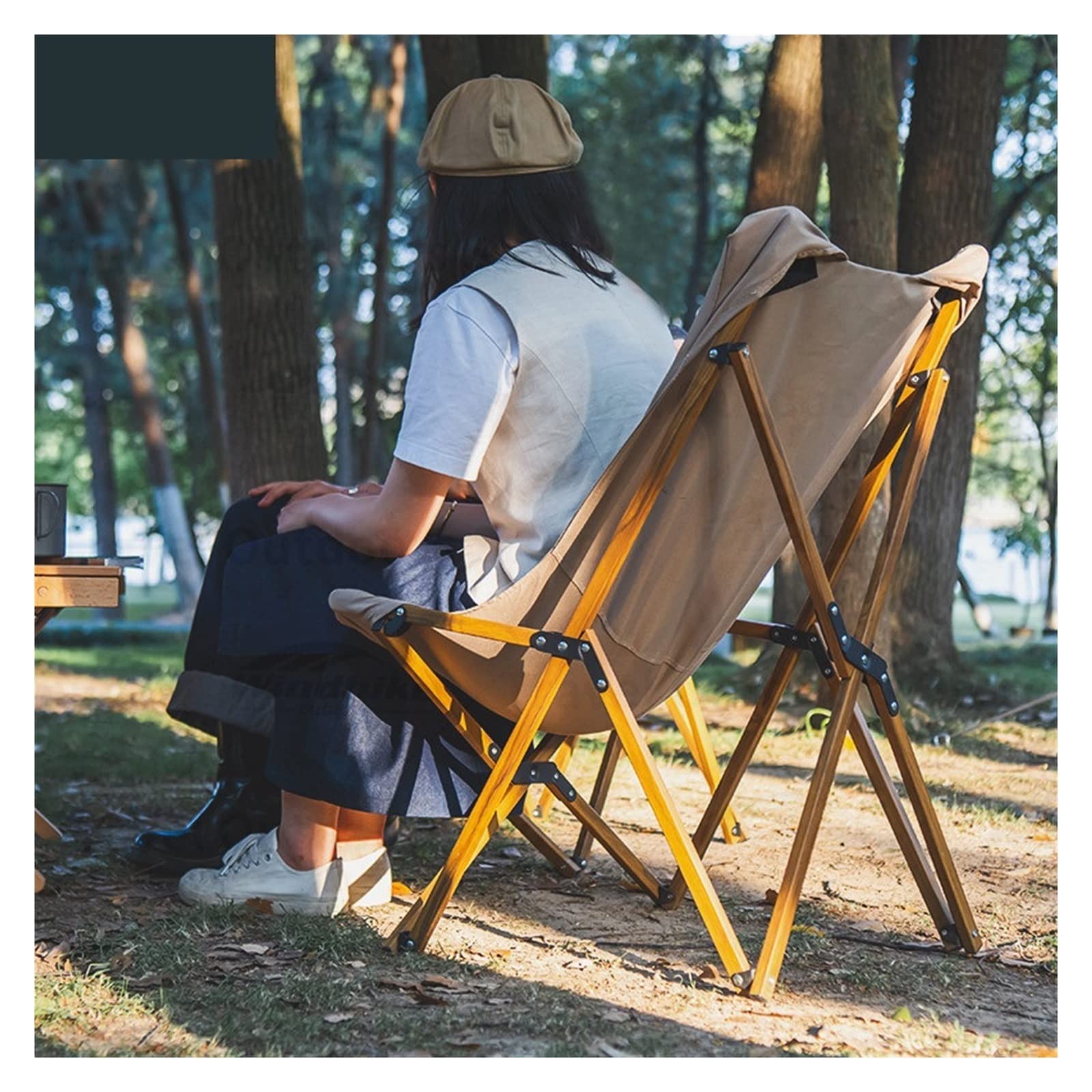 Krzesło kempingowe wędkarskie, drewno, składane, biurowe, plażowe, aluminiowe, uchwyt, wędkarskie, piknikowe, L (orzech czarny)